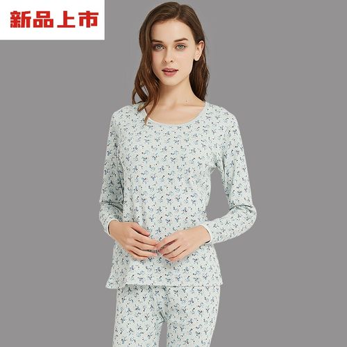 秋裤女士棉中高领套装印花棉毛套秋保暖内衣 纯棉印花棉女低领浅果绿