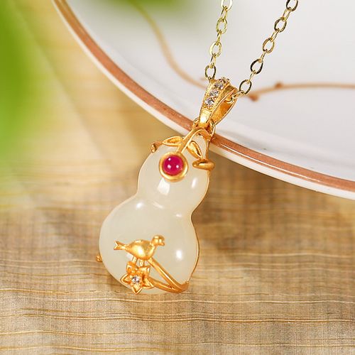 s925纯银镀金和田玉吊坠个性复古喜鹊葫芦女士挂坠