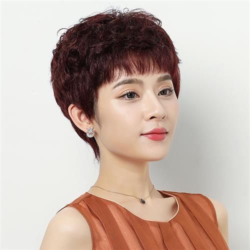 妈妈短卷发中年头套透气发型短发全发丝假x发真时尚女