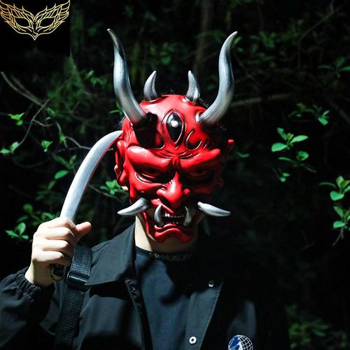 日本鬼脸獠牙树脂万圣节头套面具挂摆件 新款鬼武士面具