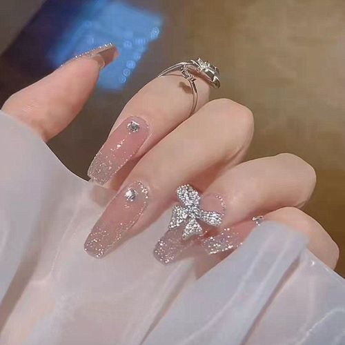 美甲成品贴片小红书款裸色蝴蝶结婚新娘穿戴甲手工定制美甲假指甲