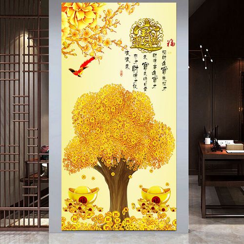 中式玄关装饰画走廊过道竖版壁画发财树开运风水图