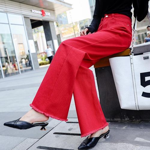 毛边高腰牛仔阔腿裤女宽松2022春秋大红色牛仔裤拖地直筒长裤显瘦