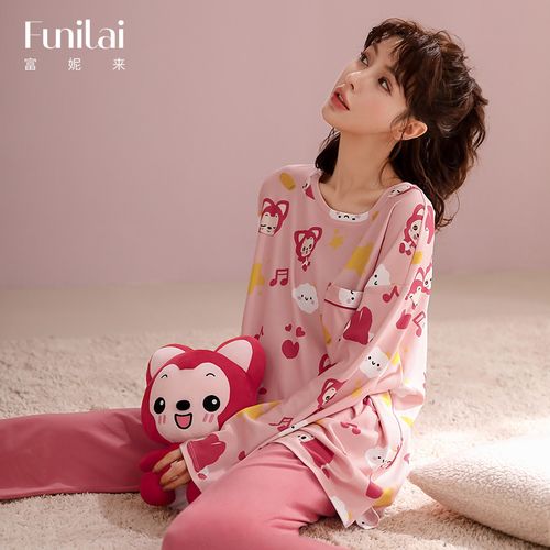 富妮来阿狸联名粉系睡衣长袖秋纯棉舒适圆领套头少女家居服两件套