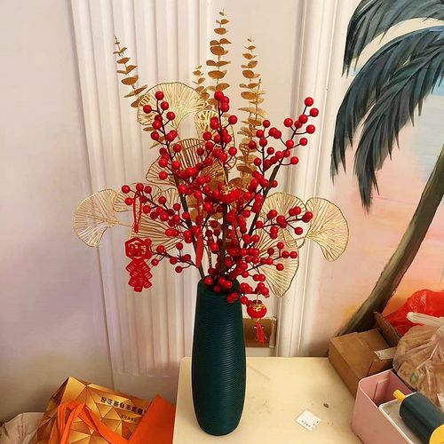红色发财果仿真花装饰花客厅摆件假花新年插花婚庆高档花艺福桶花