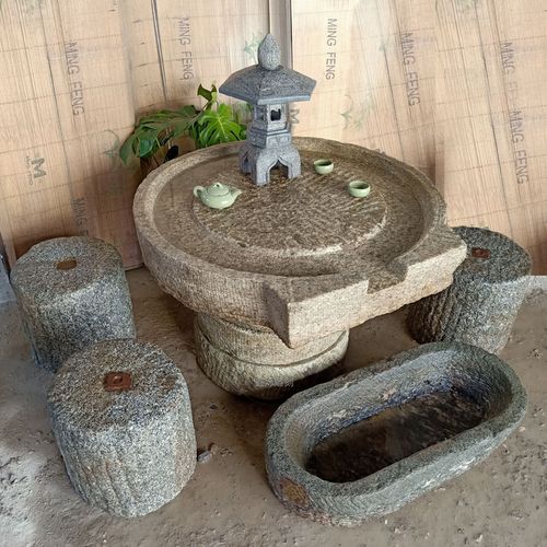 老石磨盘石桌椅旧石磨茶台老石碾家用石磙户外复古老石器流水茶桌