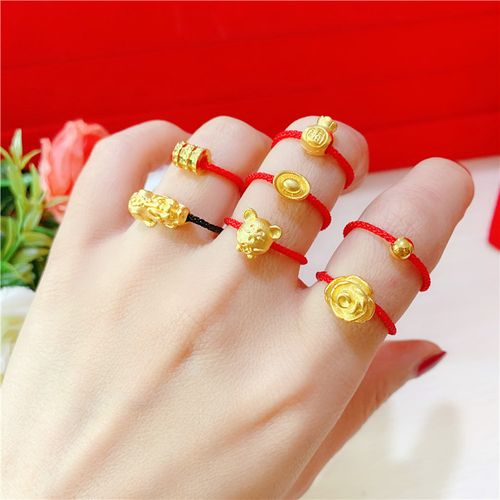 沙金转运珠戒指女本命年老鼠红绳戒指路路通镀金男女