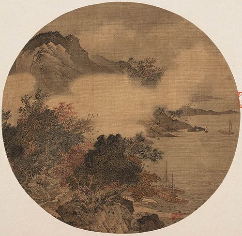 明代佚名风雨泊舟图30x31cm仿古字画团扇国画山水小品名画复制品