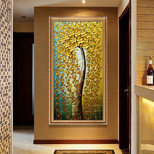 现代装饰画玄关油画手绘客厅挂画纯手工抽象画黄金发财树壁画定制