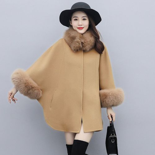 带毛领的羊绒大衣女士羊毛大衣带毛领大毛领披肩斗篷外套女秋冬年新款