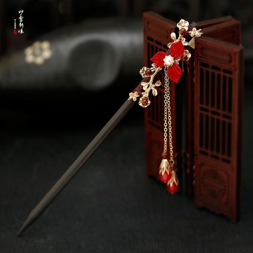 发簪古风女黑木发钗流苏步摇簪子古装汉服盘发百搭古代头饰品超仙