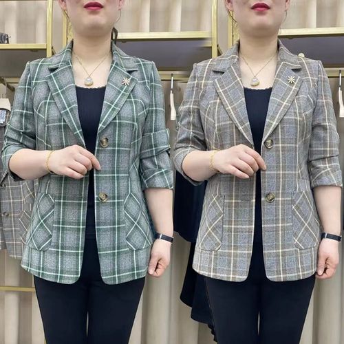 中年春装女格子上衣短款洋气40岁50中老年女装妈妈春秋小西装外套