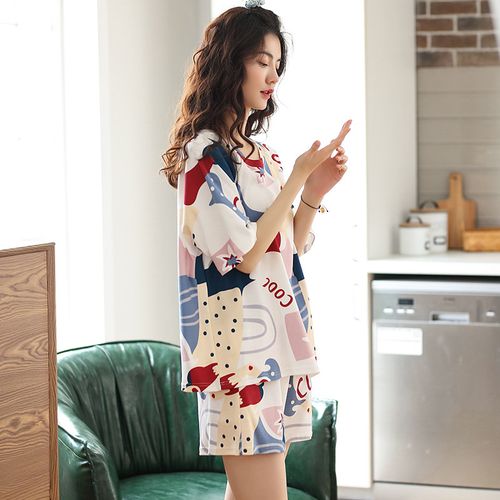 抒函 睡衣女夏季薄款纯棉大码夏天短袖短裤家居服女两件套装 hmt9026