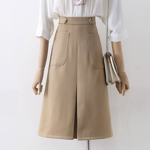 卡其色前开叉西装裙女2022夏季新款百搭直筒气质职业通勤半身裙