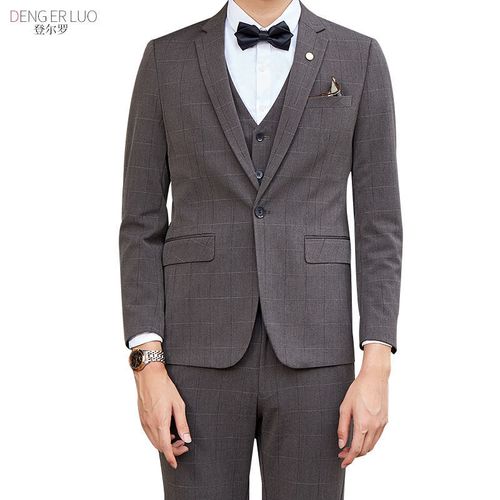 秋冬新款男士西装套装 格子西装三件套套装商务婚礼新郎西装