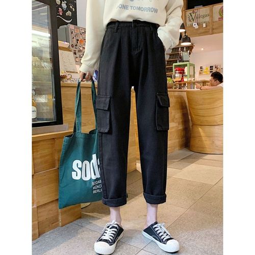 工装牛仔裤高腰显百搭秋冬新款韩版宽松直筒裤女学生九分裤潮