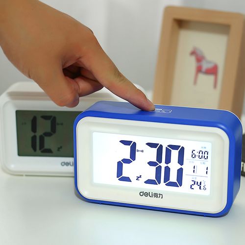 得力8801多功能电子钟触摸光控感应夜光懒人贪睡闹钟创意床头闹钟