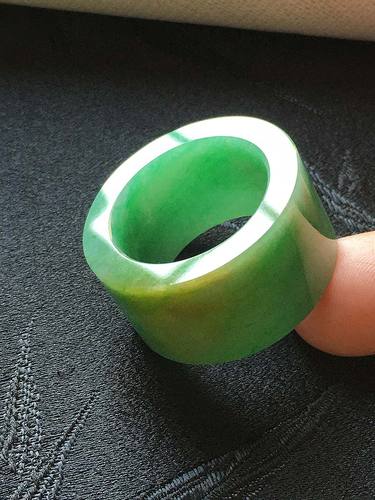 缅甸翡翠冰种三彩指环扳指25号冰有黄有绿玉文玩戒指经典高款男戒