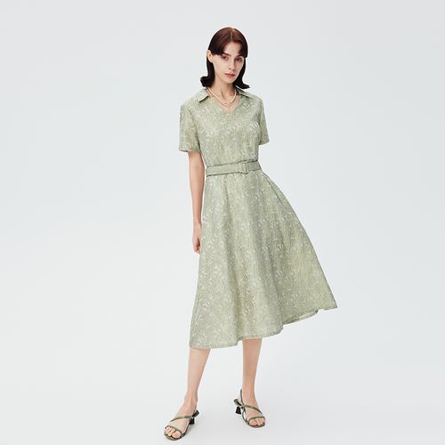 goobgs gb谷邦商场同款2022夏装新款a字裙高腰短袖蕾丝v领连衣裙女 碧