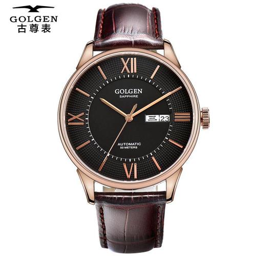 正品golgen古尊手表男机械表简约男表休闲商务皮带防水腕表6147m