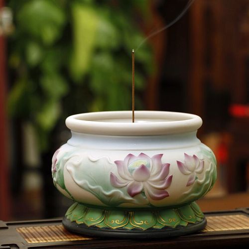 家居佛堂室内香薰陶瓷立香炉檀香线香炉供佛观音浮雕莲花香炉7寸
