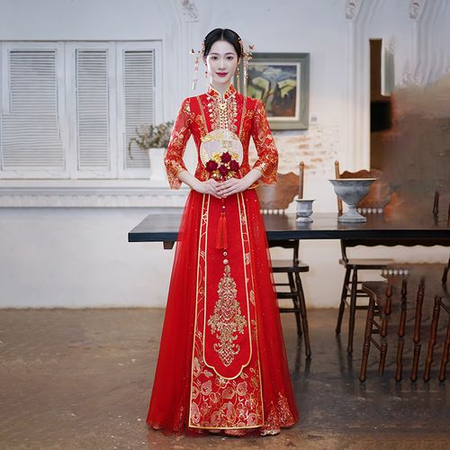 秀禾服新娘2021新款中式新娘服修身显瘦秋季薄款秀和结婚婚纱礼服