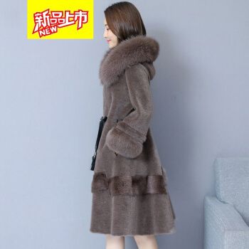 凯撒(kaiser)羊剪绒大衣女冬时尚气质妈妈装收腰中长款狐狸毛连帽貂绒