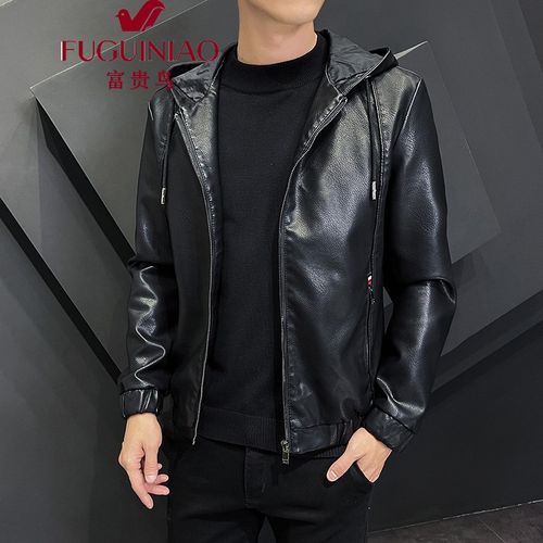 潮流修身连帽皮衣外套男士秋冬季时尚帅气皮夹克高端上衣短款派克服