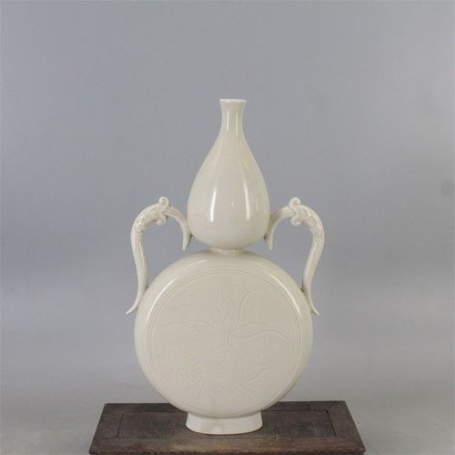 【官窑真品】宋定窑白瓷刻花双龙耳葫芦扁壶古董古玩出土老货瓷器