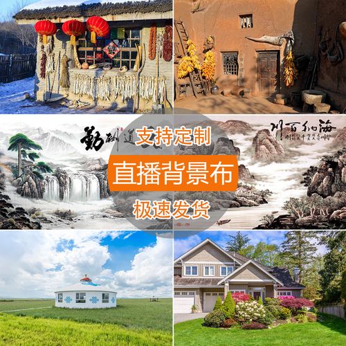直播背景布网红主播快手直播间农村草原风景老旧房子山水画3d立体