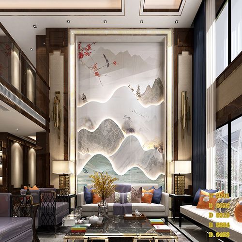 别墅复式楼客厅沙发岩板电视背景墙新中式现代简约欧式沙发装饰墙