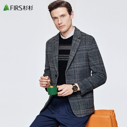杉杉男装含绵羊毛西服男2021秋季新款格纹正装修身单西休闲西装
