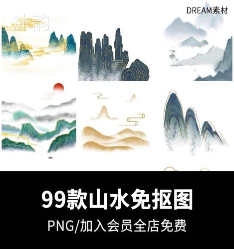 中国风古风手绘水墨祥云山水画山峦远山红日装饰png免抠设计素材