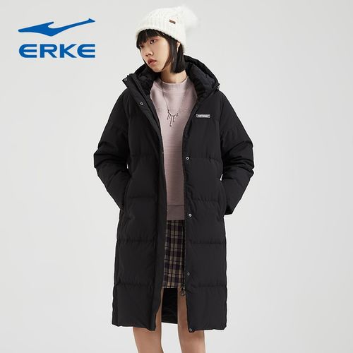 鸿星尔克羽绒服女中长款保暖防风简约舒适百搭运动外套上衣 正黑 2xl