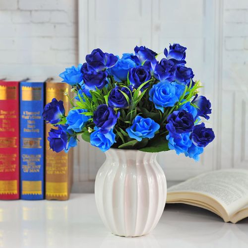 假花餐桌塑料花束绢花玫瑰花室内干花盆栽花瓶 白冬瓜瓶春玫瑰蓝色