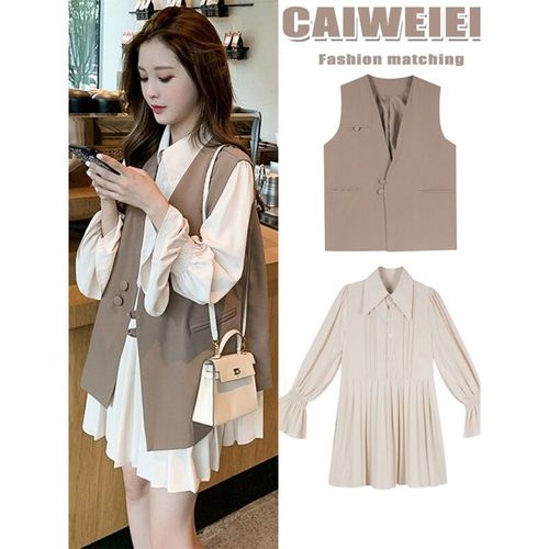 微胖女生穿搭大码女秋装胖妹妹mm时尚马甲连衣裙遮肉显瘦两件套装