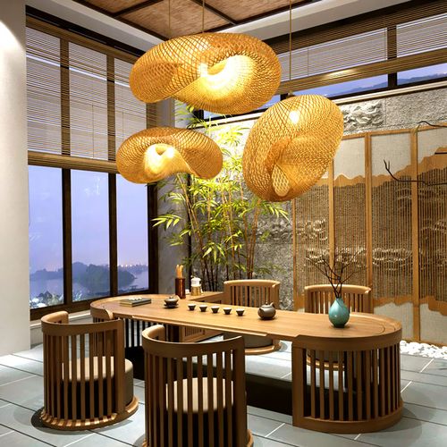 新中式禅意装饰茶室茶台书房客栈吊灯竹编民宿日式榻榻米竹艺灯具