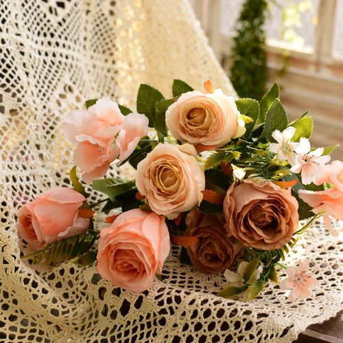 素尽复古法式浪漫仿真玫瑰花6头假花摆件 田园风少女心写真拍照道具