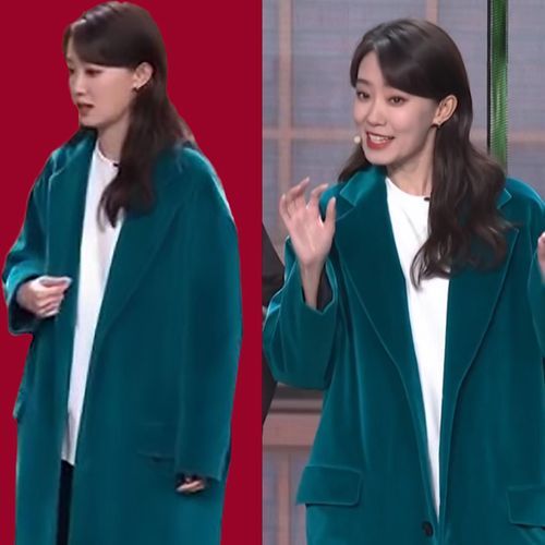 2022春晚张小斐同款大衣女翻领衣服中长款毛呢外套丝绒风衣孔雀蓝