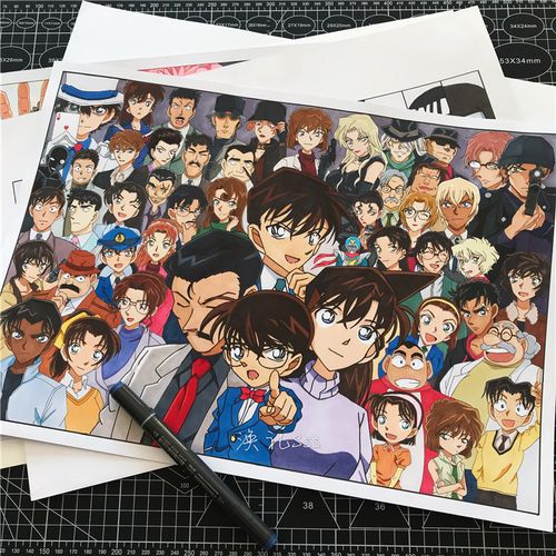 【填色卡】a3柯南全家福线稿  马克笔挂画解压填色手绘本秘密花园