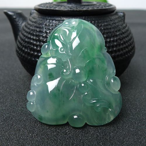 天然翡翠老坑冰种飘绿和和美美挂件精雕荷叶荷花鱼吊坠男女款