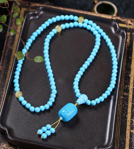 新品绿松石108佛珠念珠项链吊坠手链项链两用配三通桶珠回纹蒙料