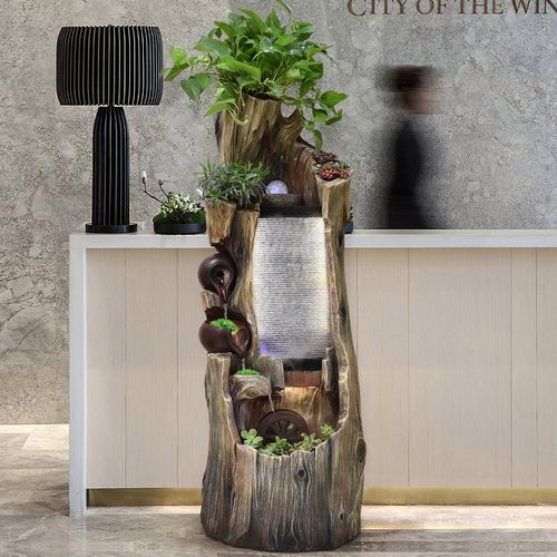 翠佳  落地新中式木桩流水喷泉水系景观屏风客厅办公室玄关造景装饰