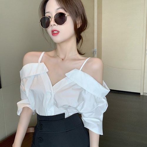 浪莎  露肩衬衫女新款2021年吊带一字肩设计感小众上衣高腰半身套装夏