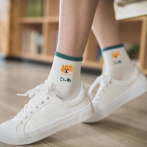 春夏韩版小清新小白鞋中筒袜可爱柴犬刺绣短袜白色