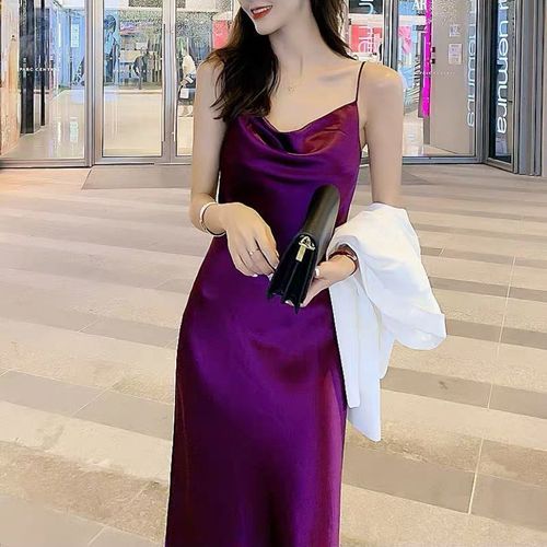 【真醋酸锻面】新款醋酸连衣裙女露背长款缎面吊带裙紫色荡领长裙