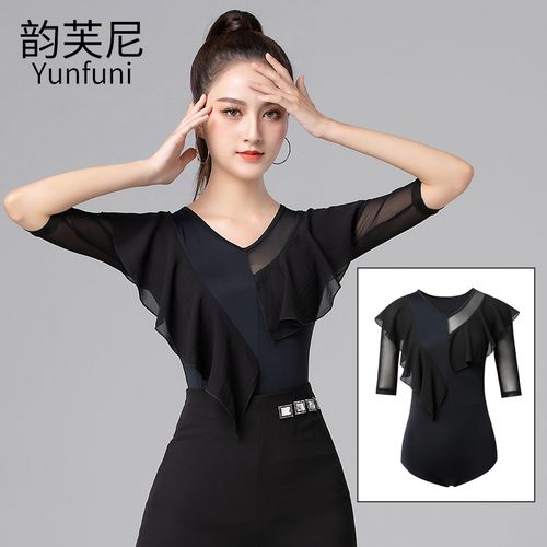 舞蹈服上衣女春2022成人拉丁舞练功服交谊舞摩登舞连体衣上装 黑色