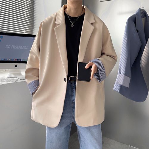 西装外套男ins韩版帅气小西服春秋港风嘻哈休闲西装上衣 米白色 m