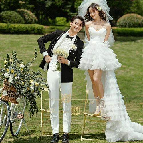 新款影楼旅拍森系主题服装情侣写真礼服甜美公主风前短后长轻婚纱