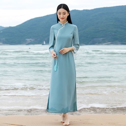 2022春秋新品国风中式仙女修身蕾丝奥黛复古旗袍连衣裙中国风女装